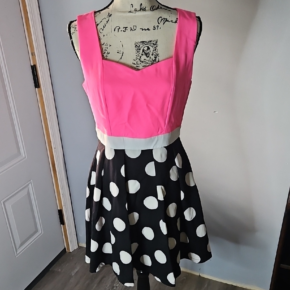Pink and Black Polka Dot Midi Dress